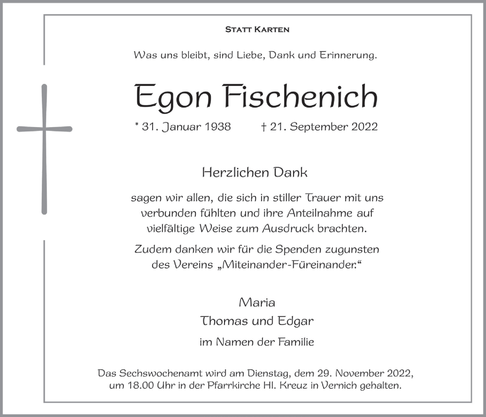  Traueranzeige für Egon Fischenich vom 19.11.2022 aus  Blickpunkt Euskirchen 