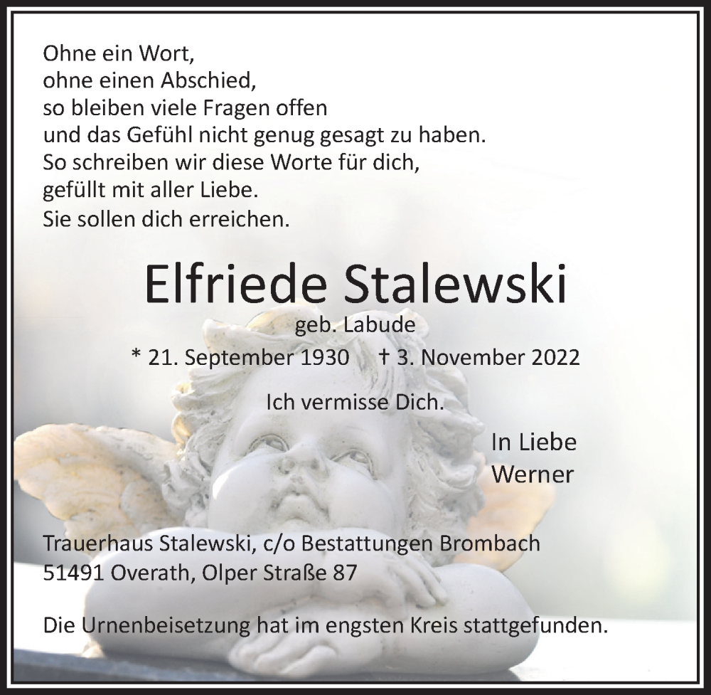  Traueranzeige für Elfriede Stalewski vom 18.11.2022 aus  Bergisches Handelsblatt 