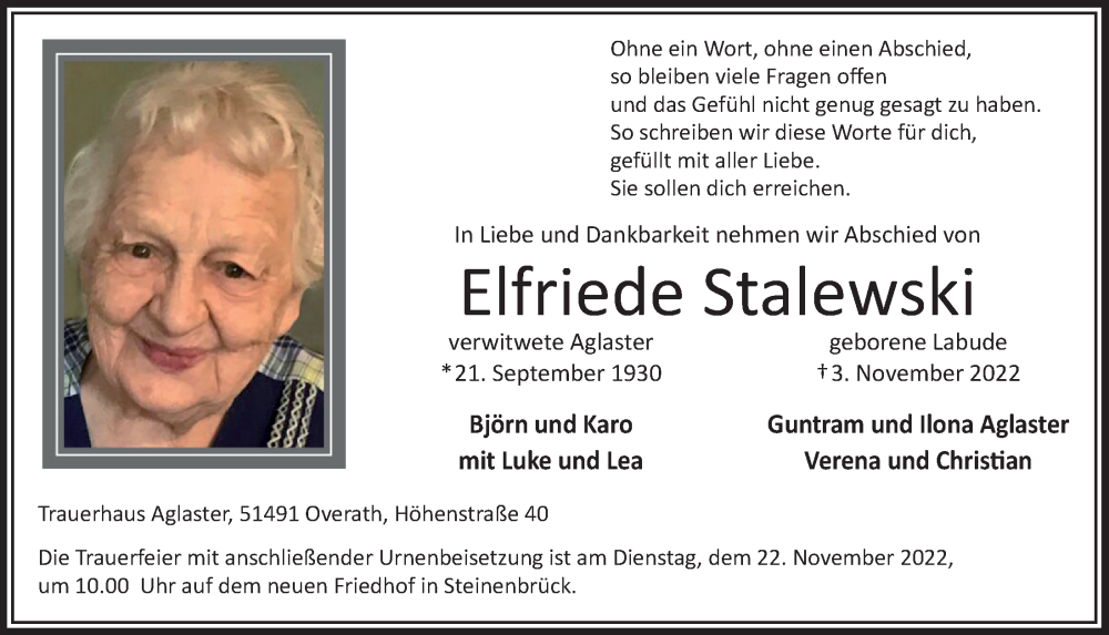  Traueranzeige für Elfriede Stalewski vom 11.11.2022 aus  Bergisches Handelsblatt 