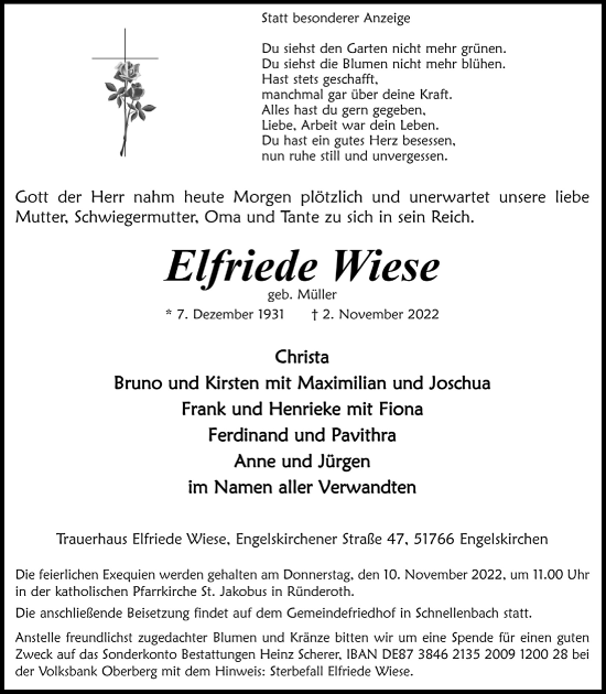 Anzeige von Elfriede Wiese von  Anzeigen Echo 