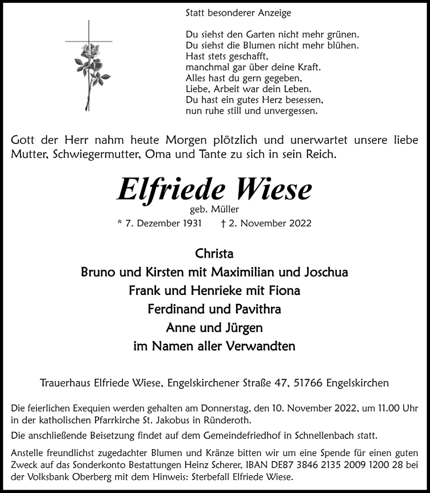  Traueranzeige für Elfriede Wiese vom 04.11.2022 aus  Anzeigen Echo 