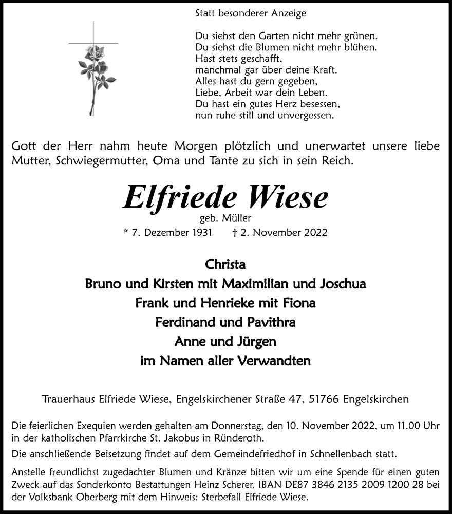  Traueranzeige für Elfriede Wiese vom 05.11.2022 aus Kölner Stadt-Anzeiger / Kölnische Rundschau / Express