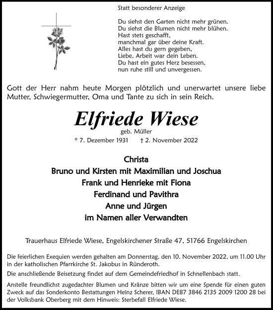 Anzeige von Elfriede Wiese von Kölner Stadt-Anzeiger / Kölnische Rundschau / Express