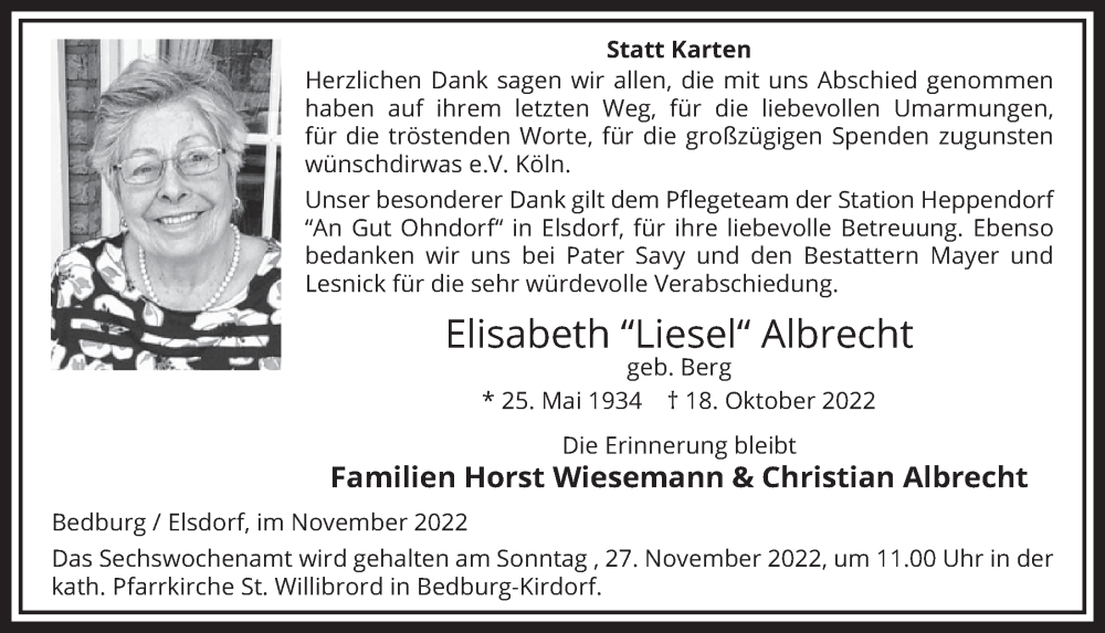  Traueranzeige für Elisabeth Albrecht vom 18.11.2022 aus  Werbepost 