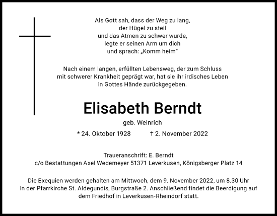 Anzeige von Elisabeth Berndt von Kölner Stadt-Anzeiger / Kölnische Rundschau / Express