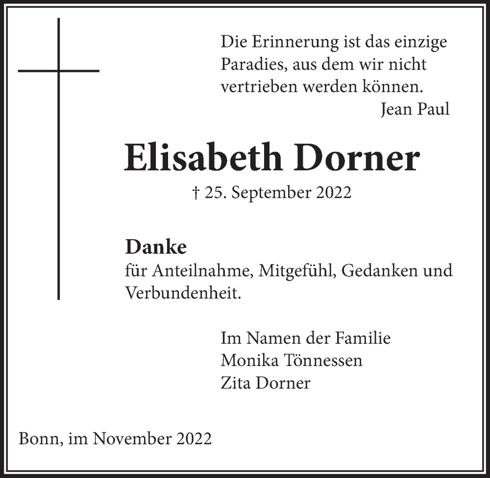 Traueranzeige für Elisabeth Dorner vom 11.11.2022 aus  Schaufenster/Blickpunkt 