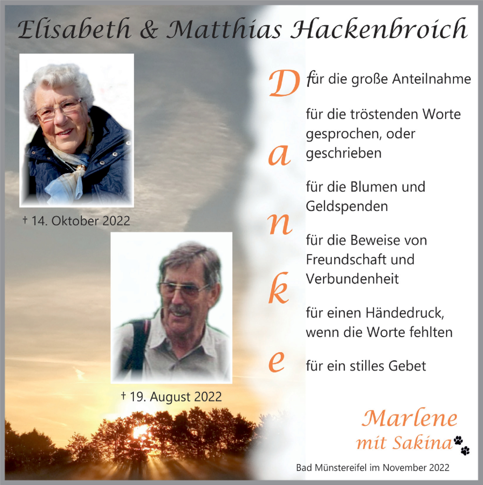  Traueranzeige für Elisabeth Hackenbroich vom 19.11.2022 aus  Blickpunkt Euskirchen 