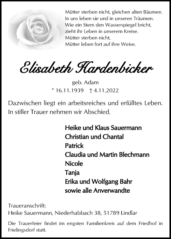 Anzeige von Elisabeth Hardenbicker von Kölner Stadt-Anzeiger / Kölnische Rundschau / Express