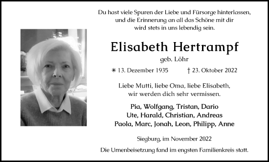 Anzeige von Elisabeth Hertrampf von Kölner Stadt-Anzeiger / Kölnische Rundschau / Express