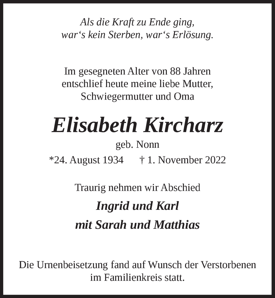  Traueranzeige für Elisabeth Kircharz vom 11.11.2022 aus  Schlossbote/Werbekurier 