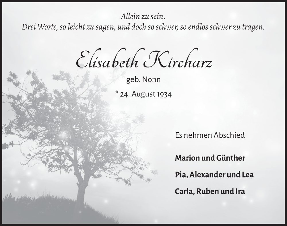  Traueranzeige für Elisabeth Kircharz vom 11.11.2022 aus  Schlossbote/Werbekurier 