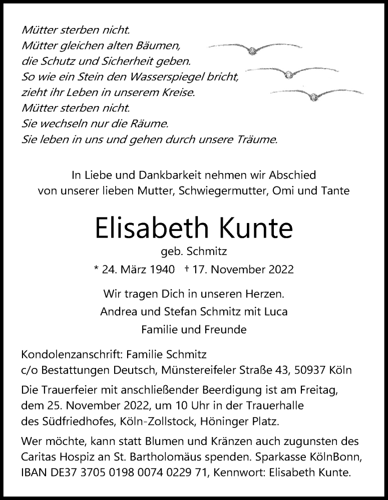  Traueranzeige für Elisabeth Kunte vom 23.11.2022 aus Kölner Stadt-Anzeiger / Kölnische Rundschau / Express