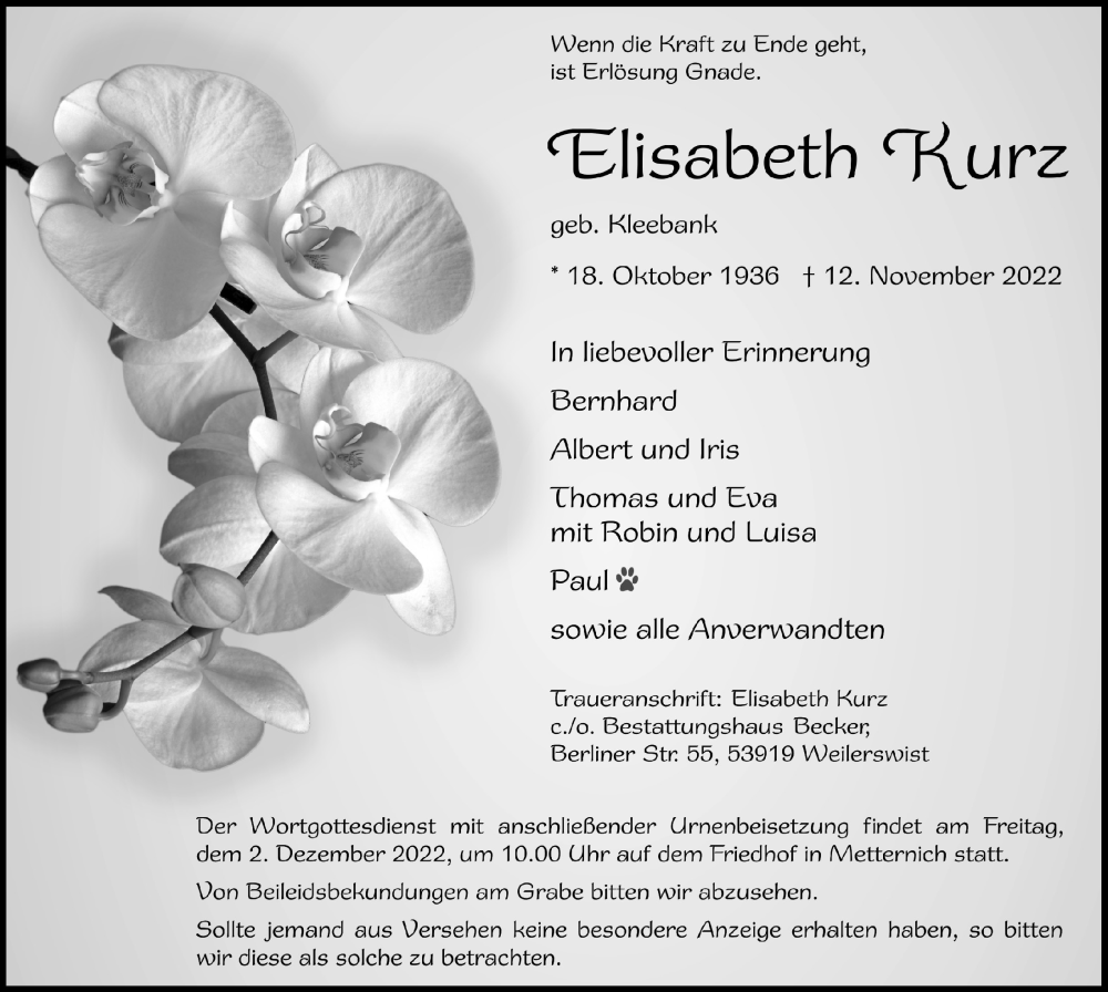  Traueranzeige für Elisabeth Kurz vom 19.11.2022 aus  Blickpunkt Euskirchen 