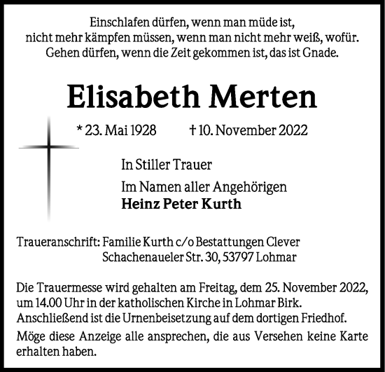 Anzeige von Elisabeth Merten von Kölner Stadt-Anzeiger / Kölnische Rundschau / Express