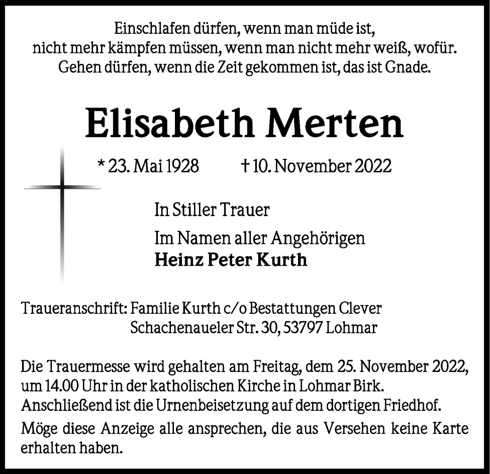  Traueranzeige für Elisabeth Merten vom 19.11.2022 aus Kölner Stadt-Anzeiger / Kölnische Rundschau / Express