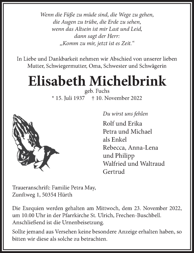  Traueranzeige für Elisabeth Michelbrink vom 18.11.2022 aus  Wochenende 