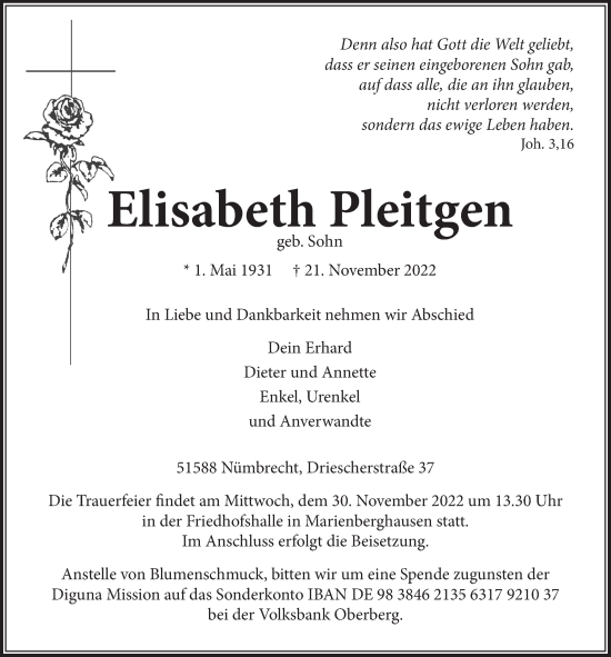 Anzeige von Elisabeth Pleitgen von  Lokalanzeiger 