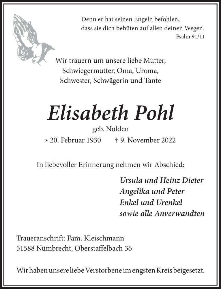  Traueranzeige für Elisabeth Pohl vom 18.11.2022 aus  Anzeigen Echo 
