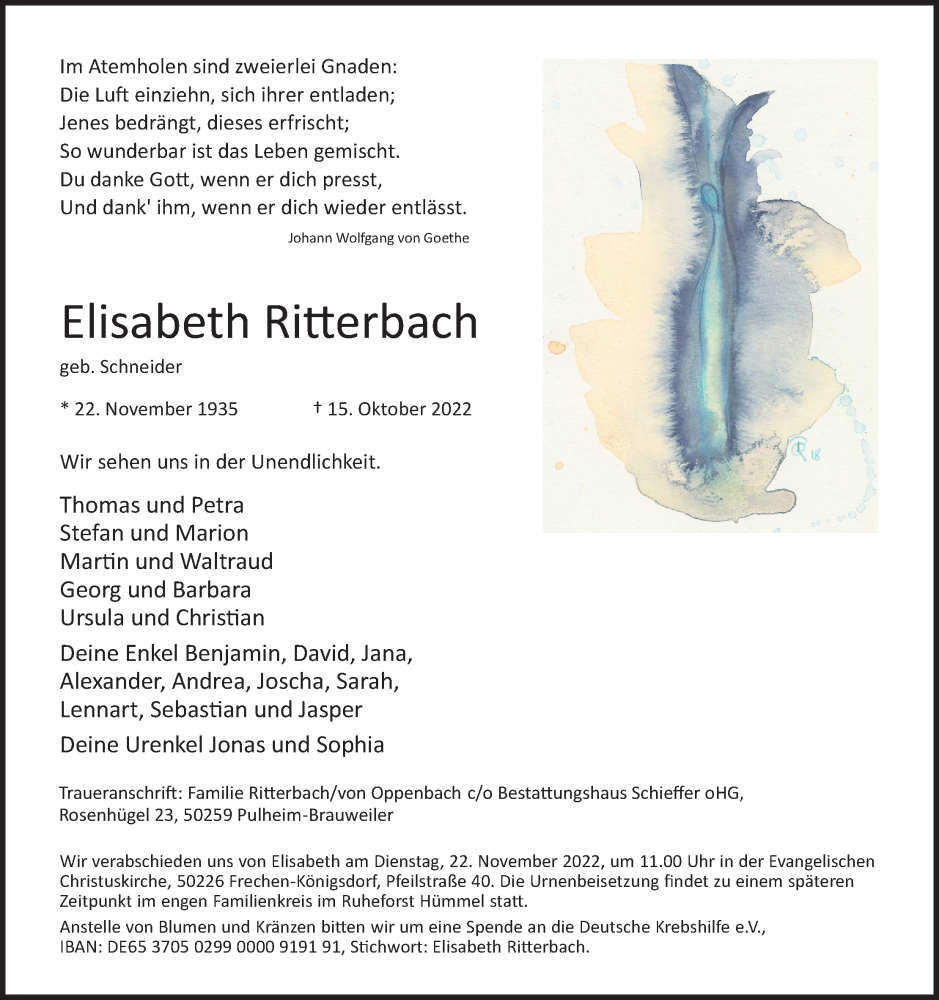  Traueranzeige für Elisabeth Ritterbach vom 05.11.2022 aus Kölner Stadt-Anzeiger / Kölnische Rundschau / Express