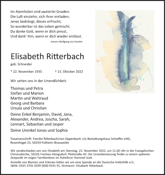 Anzeige von Elisabeth Ritterbach von Kölner Stadt-Anzeiger / Kölnische Rundschau / Express