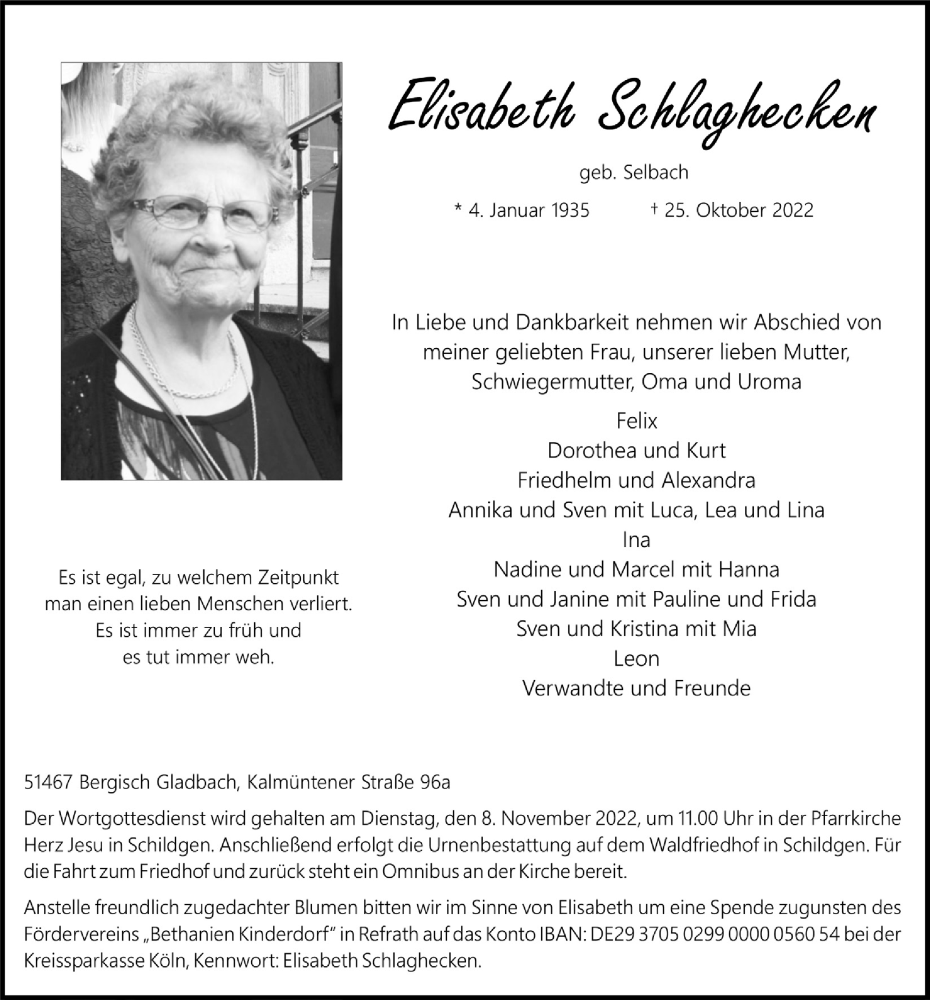  Traueranzeige für Elisabeth Schlaghecken vom 04.11.2022 aus  Bergisches Handelsblatt 