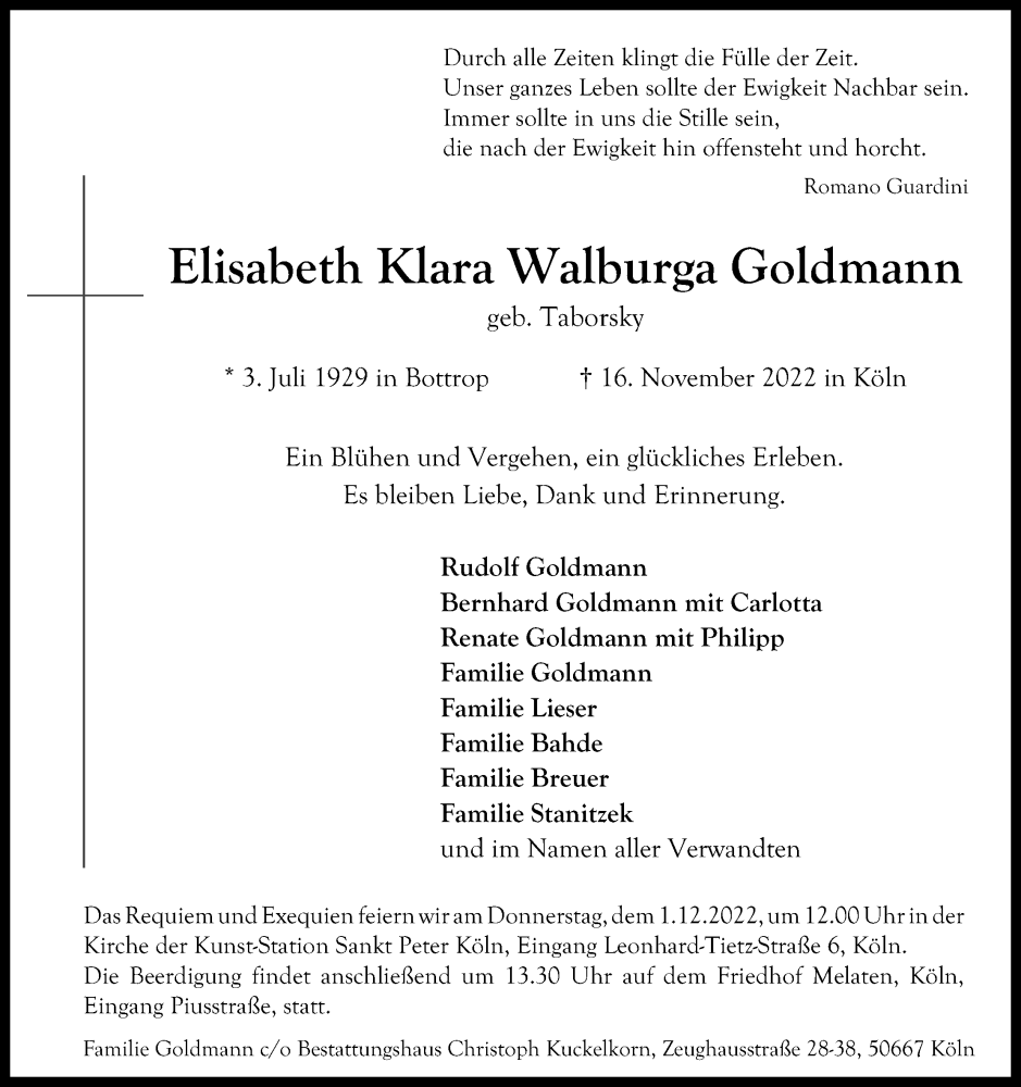  Traueranzeige für Elisabeth Klara Walburga Goldmann vom 26.11.2022 aus Kölner Stadt-Anzeiger / Kölnische Rundschau / Express