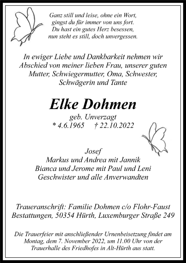  Traueranzeige für Elke Dohmen vom 04.11.2022 aus  Wochenende 