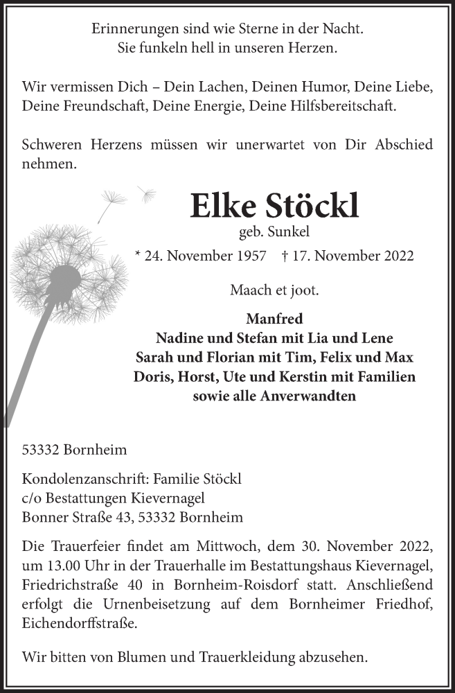  Traueranzeige für Elke Stöckl vom 25.11.2022 aus  Schaufenster/Blickpunkt 