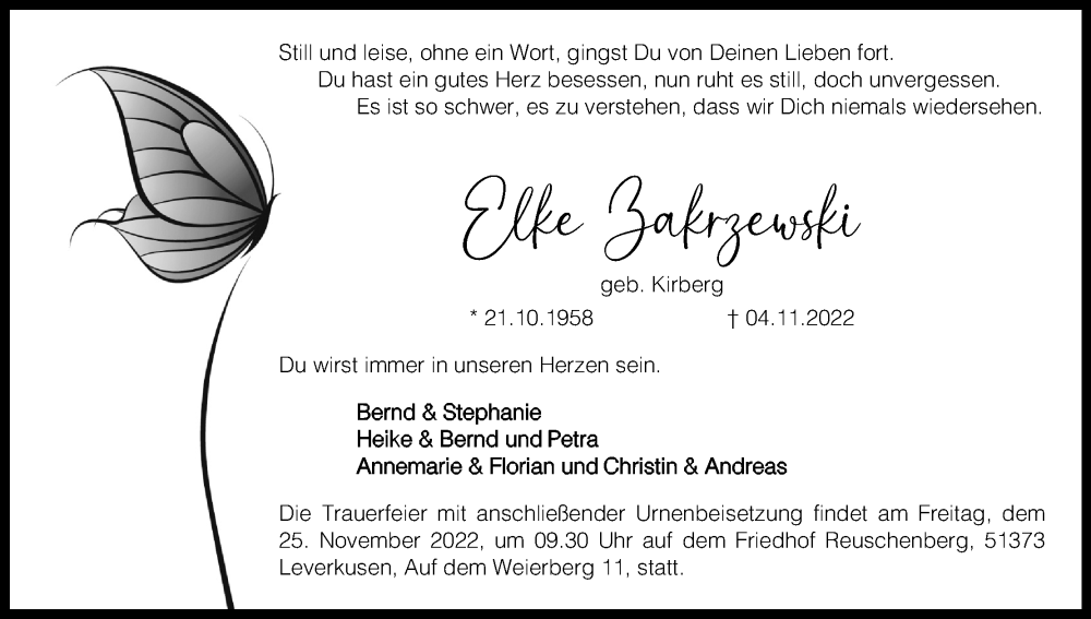  Traueranzeige für Elke Zakrzewski vom 19.11.2022 aus Kölner Stadt-Anzeiger / Kölnische Rundschau / Express