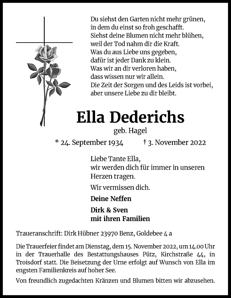  Traueranzeige für Ella Dederichs vom 12.11.2022 aus Kölner Stadt-Anzeiger / Kölnische Rundschau / Express