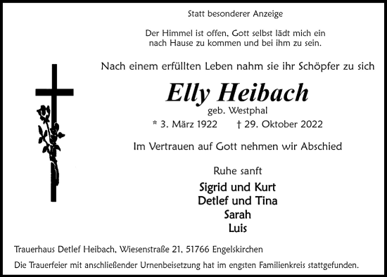 Anzeige von Elly Heibach von  Anzeigen Echo 
