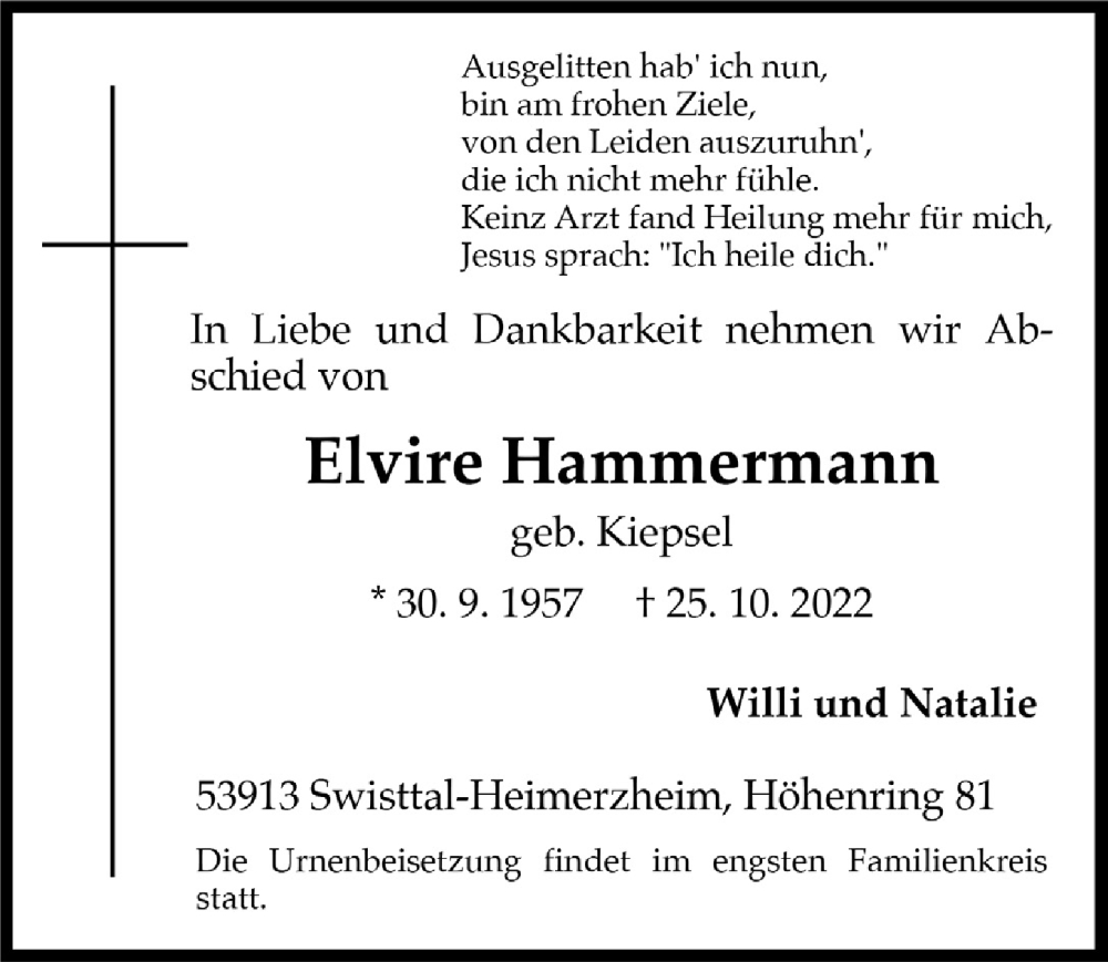  Traueranzeige für Elvire Hammermann vom 04.11.2022 aus  Schaufenster/Blickpunkt 