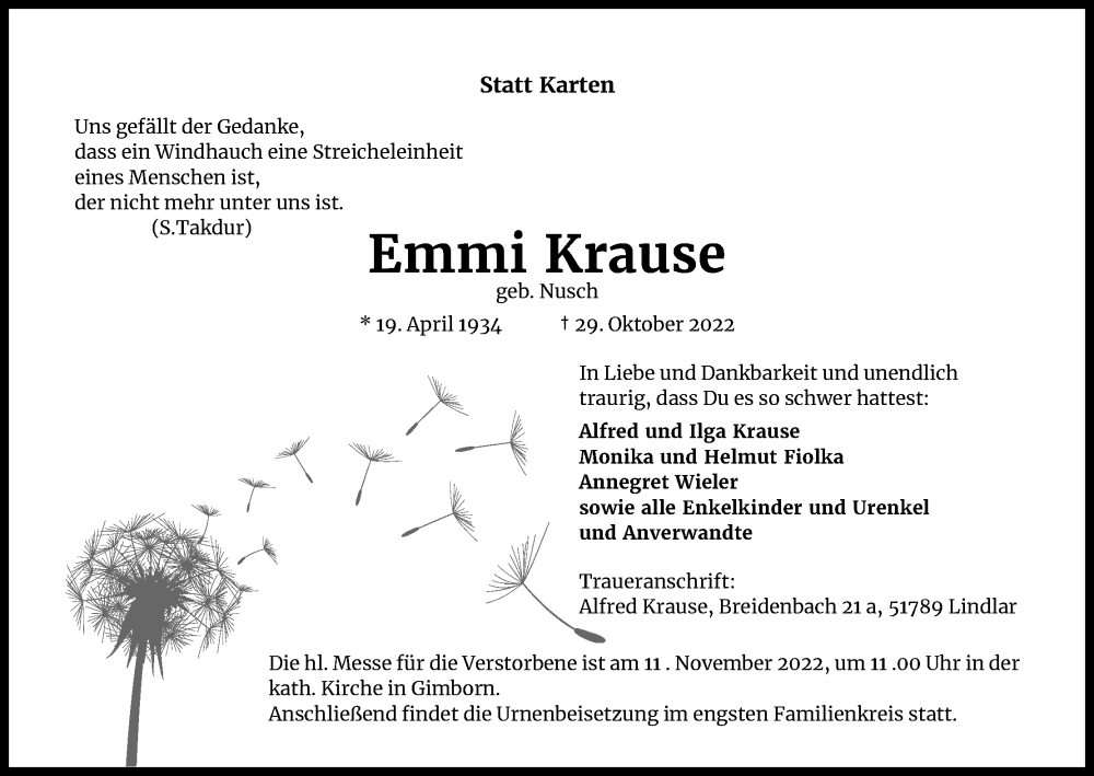  Traueranzeige für Emmi Krause vom 05.11.2022 aus Kölner Stadt-Anzeiger / Kölnische Rundschau / Express