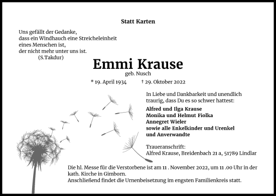 Anzeige von Emmi Krause von Kölner Stadt-Anzeiger / Kölnische Rundschau / Express