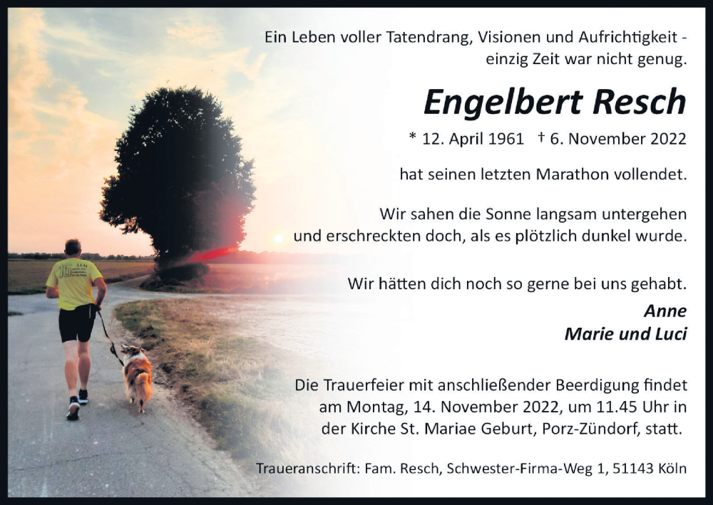  Traueranzeige für Engelbert Resch vom 12.11.2022 aus Kölner Stadt-Anzeiger / Kölnische Rundschau / Express
