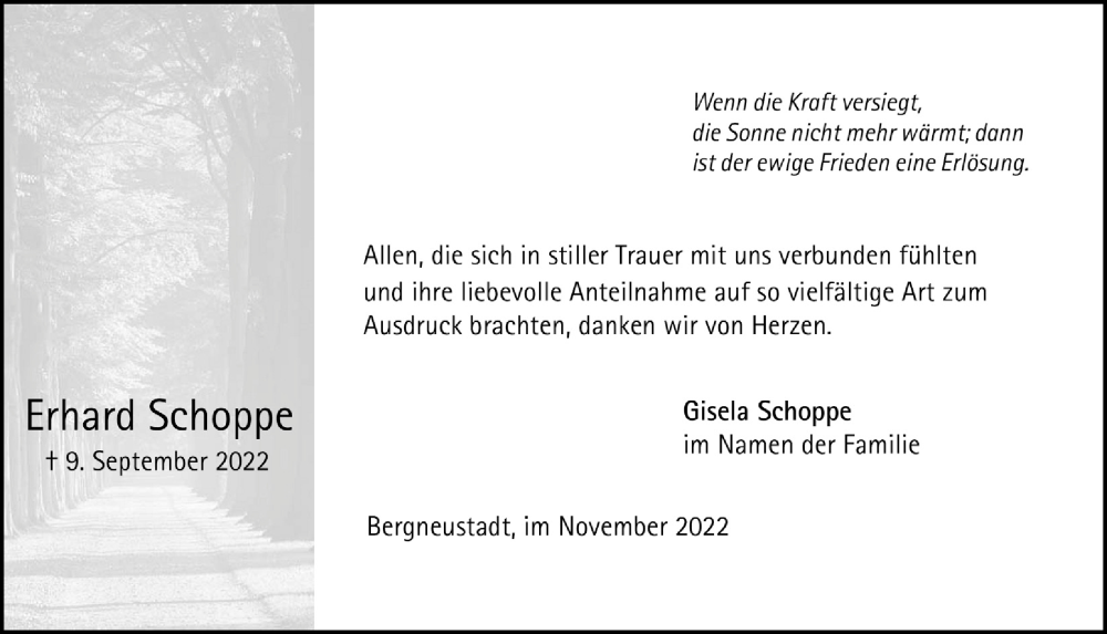  Traueranzeige für Erhard Schoppe vom 18.11.2022 aus  Anzeigen Echo 