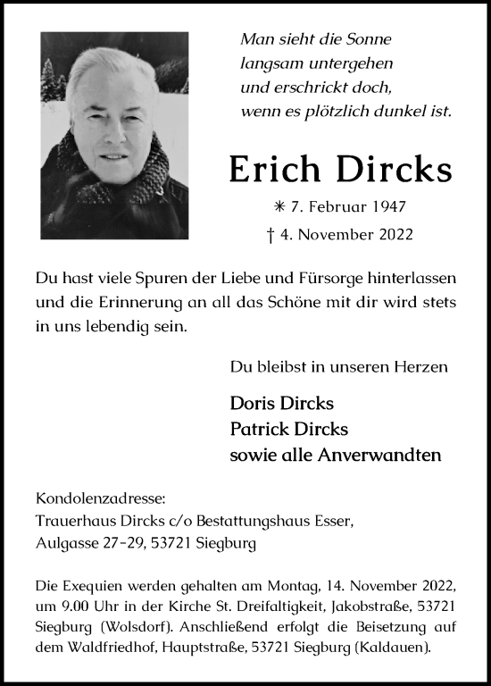 Anzeige von Erich Dircks von Kölner Stadt-Anzeiger / Kölnische Rundschau / Express