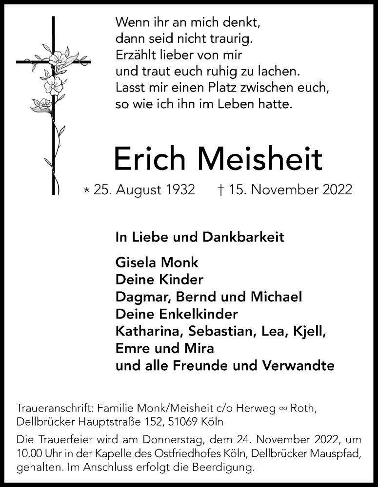  Traueranzeige für Erich Meisheit vom 21.11.2022 aus Kölner Stadt-Anzeiger / Kölnische Rundschau / Express