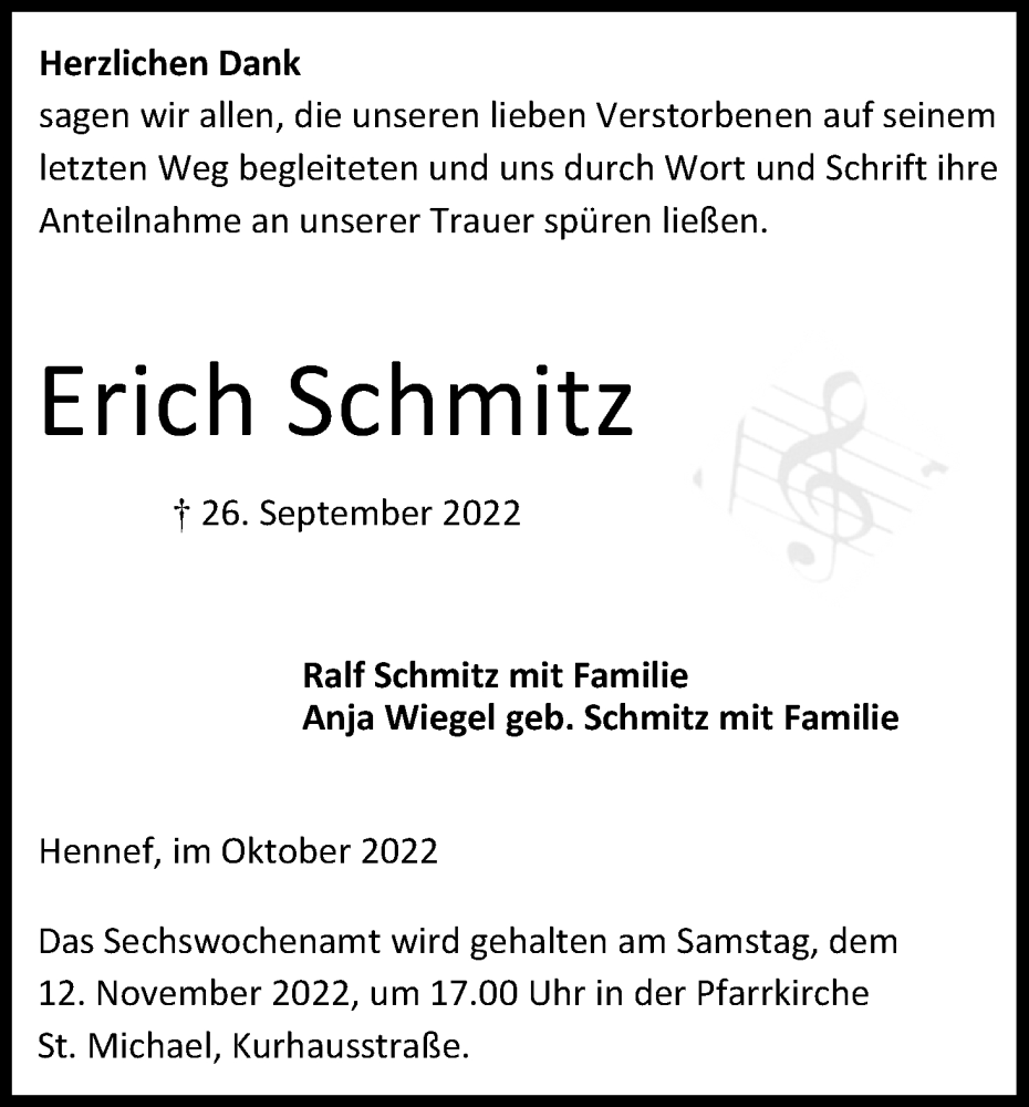  Traueranzeige für Erich Schmitz vom 05.11.2022 aus Kölner Stadt-Anzeiger / Kölnische Rundschau / Express
