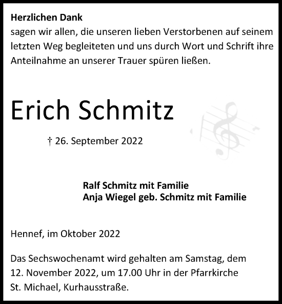 Anzeige von Erich Schmitz von Kölner Stadt-Anzeiger / Kölnische Rundschau / Express