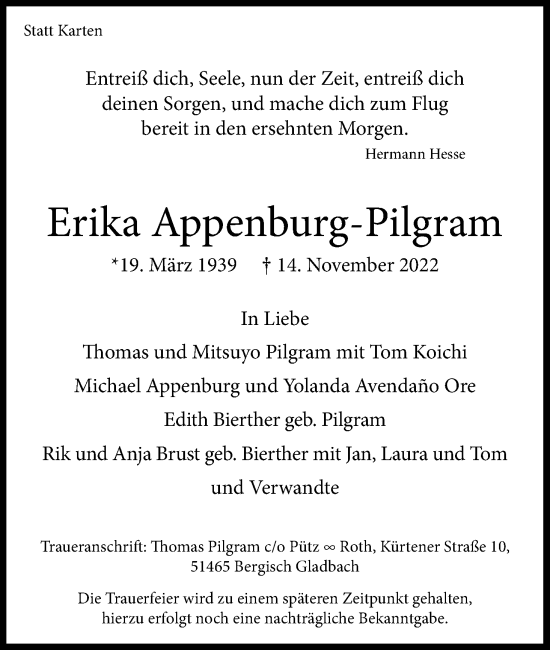 Anzeige von Erika Appenburg-Pilgram von Kölner Stadt-Anzeiger / Kölnische Rundschau / Express