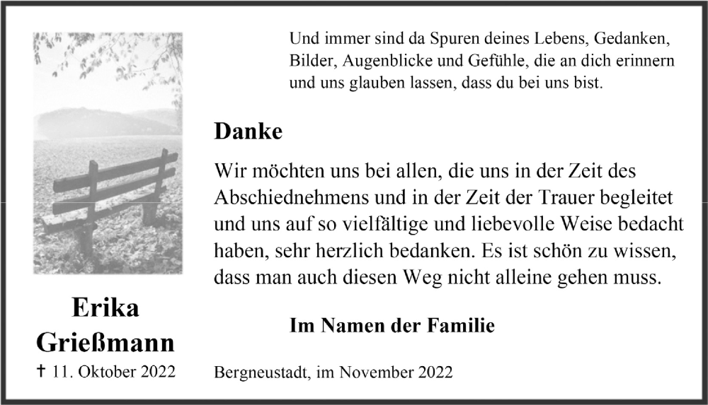  Traueranzeige für Erika Grießmann vom 18.11.2022 aus  Anzeigen Echo 