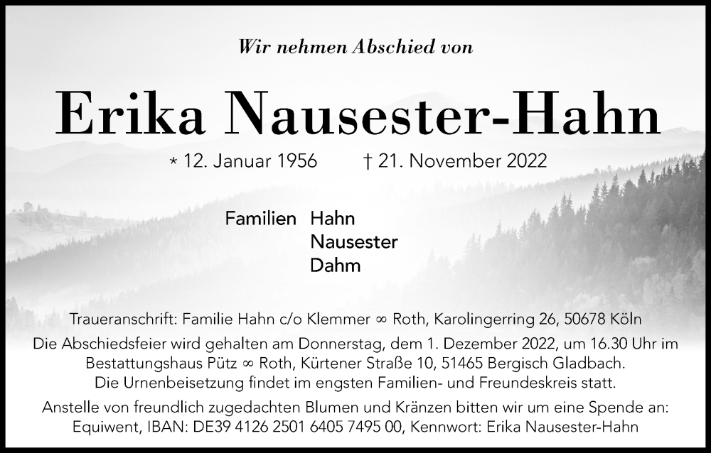  Traueranzeige für Erika Nausester-Hahn vom 26.11.2022 aus Kölner Stadt-Anzeiger / Kölnische Rundschau / Express