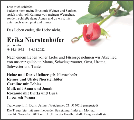 Anzeige von Erika Nierstenhöfer von  Anzeigen Echo 
