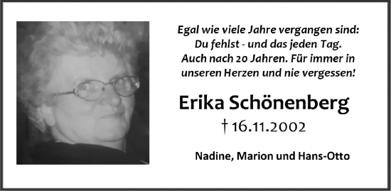Anzeige von Erika Schönenberg von  Anzeigen Echo 