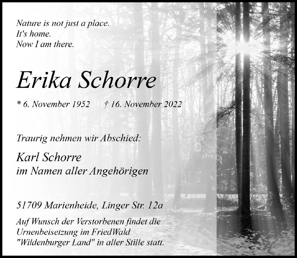  Traueranzeige für Erika Schorre vom 25.11.2022 aus  Anzeigen Echo 