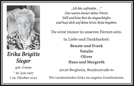 Anzeige von Erika Brigitte Sieger von  Werbepost 