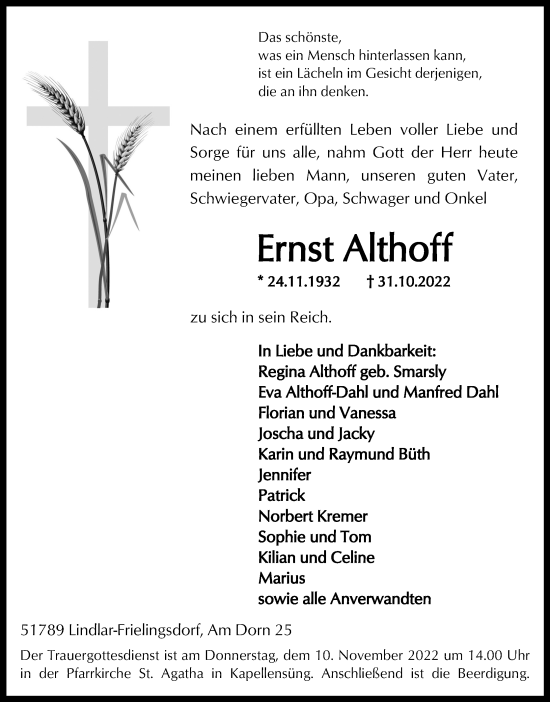 Anzeige von Ernst Althoff von Kölner Stadt-Anzeiger / Kölnische Rundschau / Express