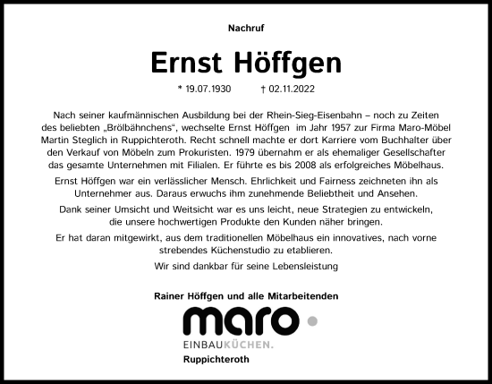 Anzeige von Ernst Höffgen von Kölner Stadt-Anzeiger / Kölnische Rundschau / Express