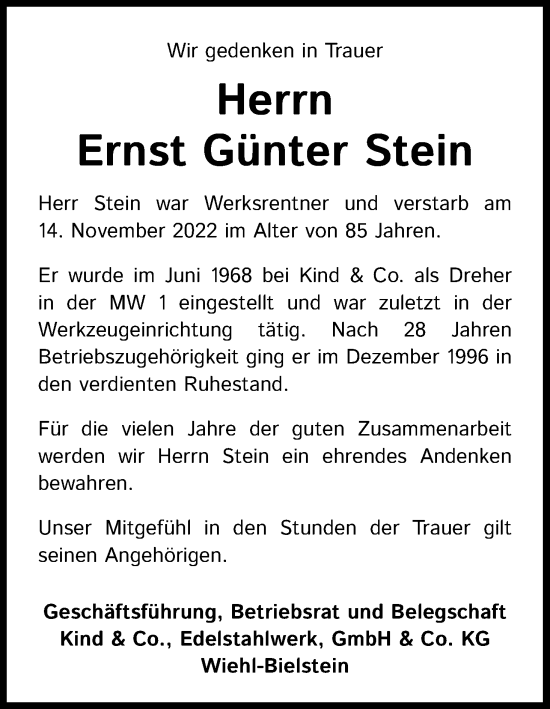 Anzeige von Ernst Günter Stein von Kölner Stadt-Anzeiger / Kölnische Rundschau / Express